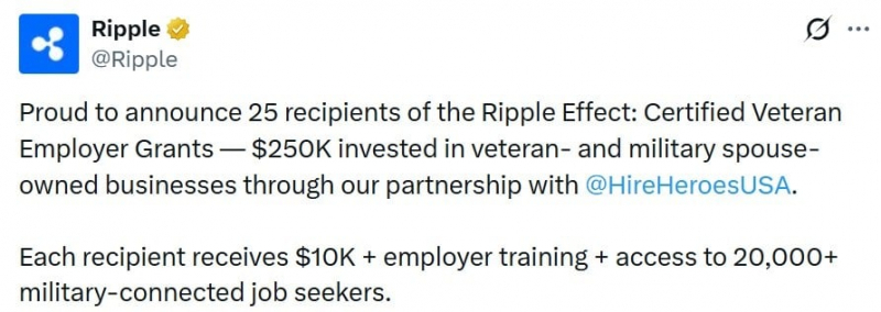 Компания Ripple выделяет 250 000 долларов 25 предприятиям, принадлежащим ветеранам, в рамках программы Hire Heroes USA &mdash; Крипто Новости