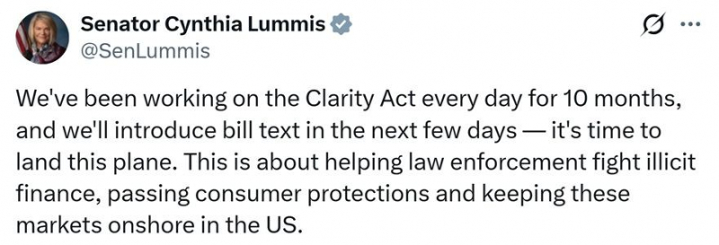 Законопроект Сената &laquo;CLARITY Act&raquo; готов к рассмотрению, текст законопроекта будет опубликован в ближайшие дни: сенатор Луммис &mdash; Крипто Новости