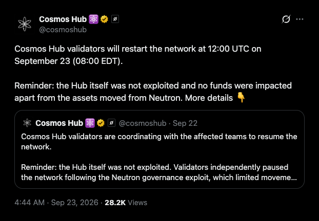 При перезапуске Cosmos Hub из кошелька пользователя, использующего уязвимостьtron выведено 1,23 миллиона ATOM без подписи владельца &mdash; Крипто Новости