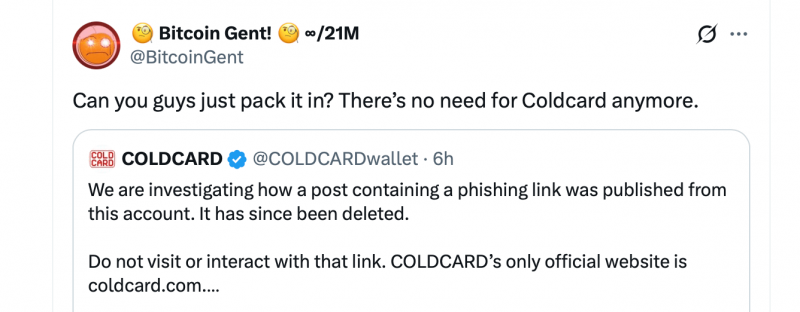 Аккаунт Coldcard X взломали фишингом после скандала на $100 млн &mdash; Крипто Новости