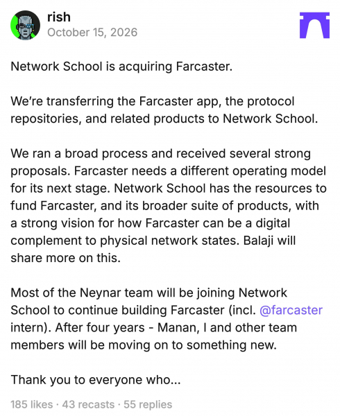 Network School Баладжи Сринивасана приобрела Farcaster — Крипто Новости